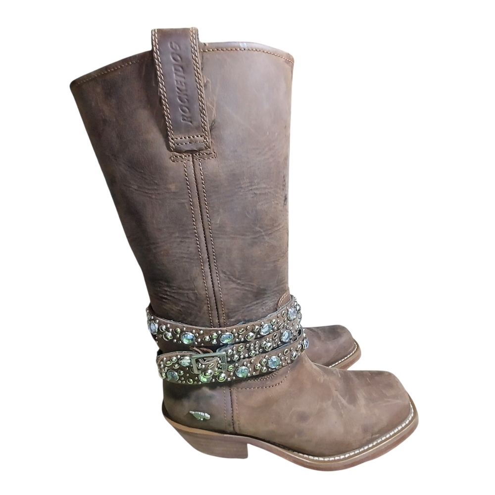 Rocket Dog Western Leather Boots Rhinestone Studded Harness Brown Women’s